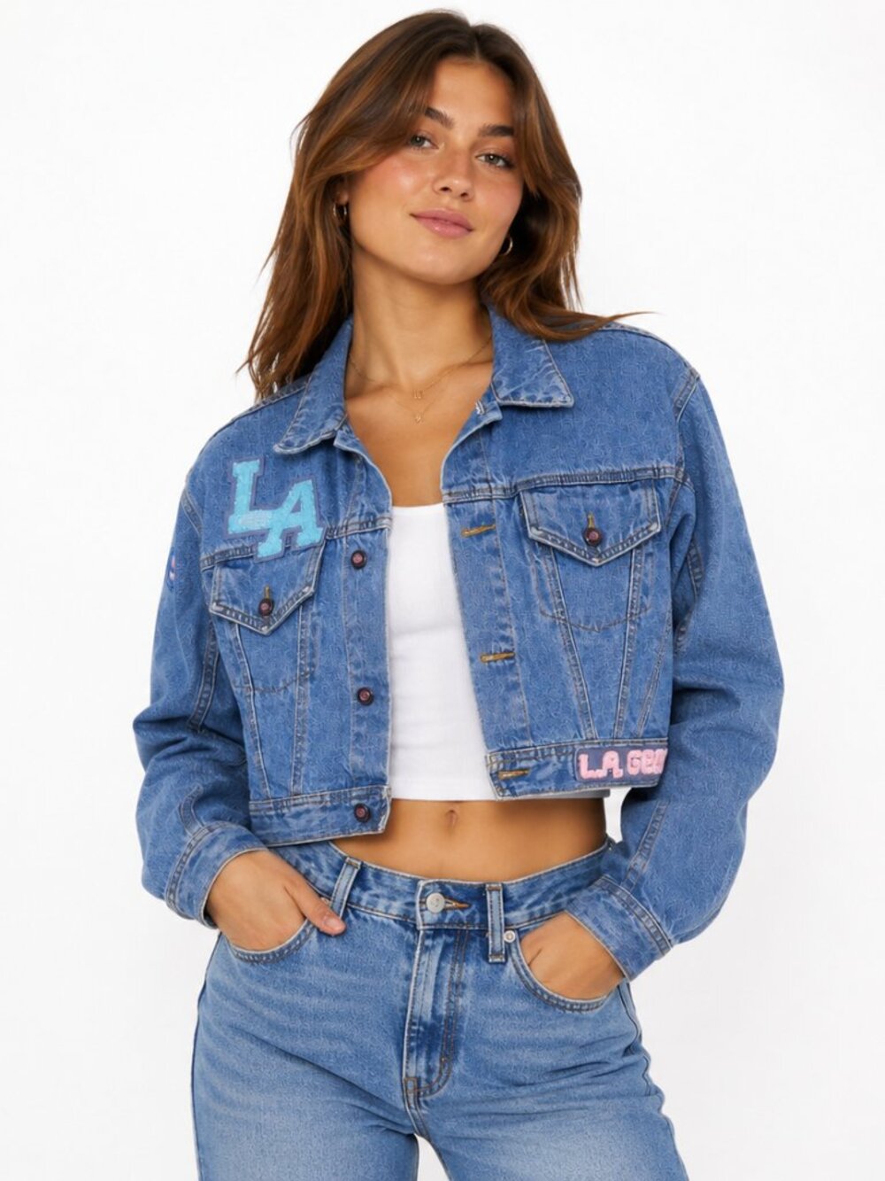 Vintage 80s L.A. Gear Cropped Denim Jacket Medium 100% Cotton Retro Streetwear